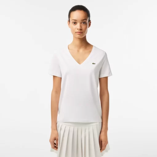 Lacoste T-Shirts-Women'S V-Neck Loose Fit Cotton T-Shirt