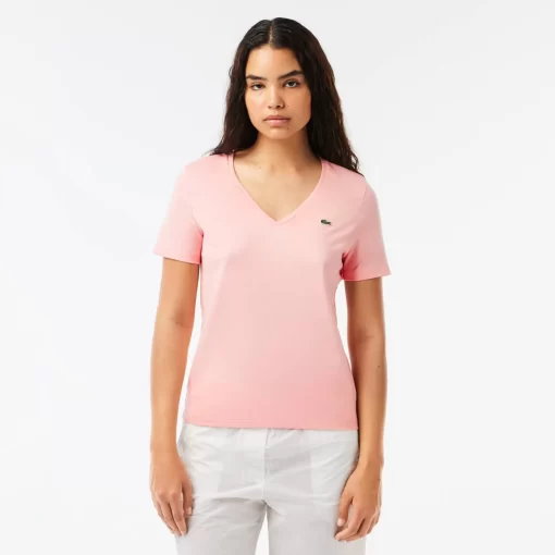 Lacoste T-Shirts-Women'S V-Neck Loose Fit Cotton T-Shirt