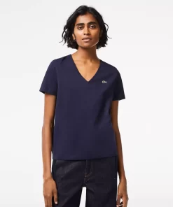 Lacoste T-Shirts-Women'S V-Neck Loose Fit Cotton T-Shirt