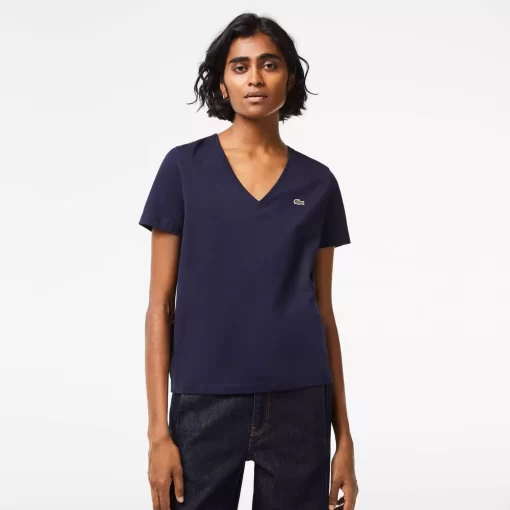 Lacoste T-Shirts-Women'S V-Neck Loose Fit Cotton T-Shirt