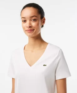 Lacoste T-Shirts-Women'S V-Neck Loose Fit Cotton T-Shirt