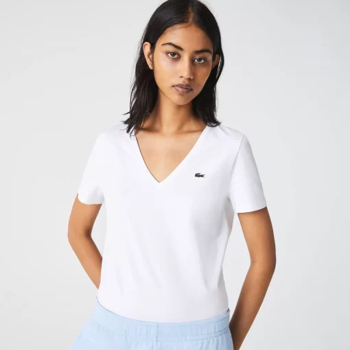 Lacoste T-Shirts-Women'S V-Neck Loose Fit Cotton T-Shirt