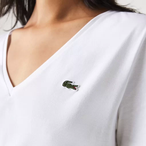 Lacoste T-Shirts-Women'S V-Neck Loose Fit Cotton T-Shirt