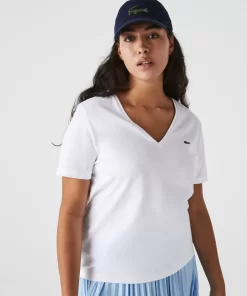 Lacoste T-Shirts-Women'S V-Neck Loose Fit Cotton T-Shirt