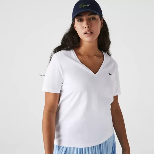 Lacoste T-Shirts-Women'S V-Neck Loose Fit Cotton T-Shirt