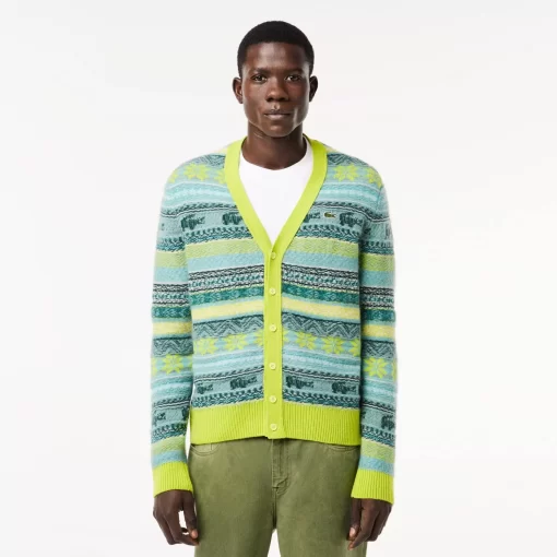 Lacoste Knitwear-Wool And Alpaca Blend Fair Isle Cardigan