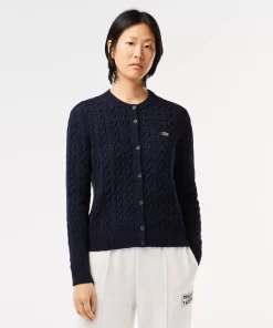 Lacoste Knitwear-Wool And Cotton Blend Cable Knit Cardigan