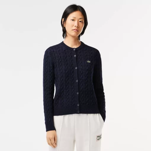 Lacoste Knitwear-Wool And Cotton Blend Cable Knit Cardigan