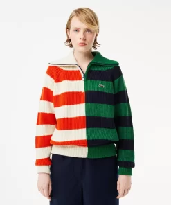 Lacoste Knitwear-Wool Zip Neck Contrast Stripe Colourblock Sweater