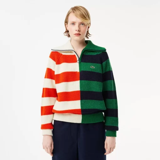 Lacoste Knitwear-Wool Zip Neck Contrast Stripe Colourblock Sweater