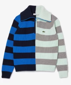 Lacoste Knitwear-Wool Zip Neck Contrast Stripe Colourblock Sweater