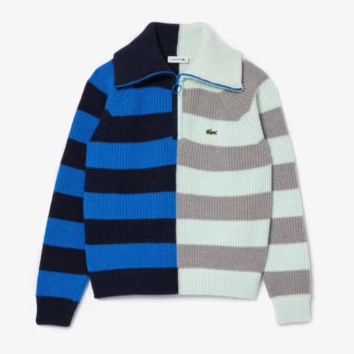 Lacoste Knitwear-Wool Zip Neck Contrast Stripe Colourblock Sweater