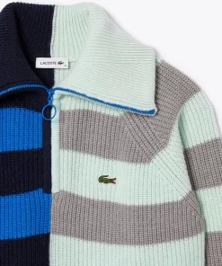 Lacoste Knitwear-Wool Zip Neck Contrast Stripe Colourblock Sweater