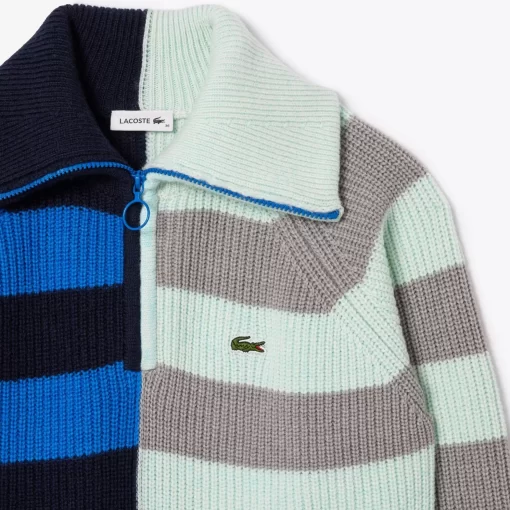 Lacoste Knitwear-Wool Zip Neck Contrast Stripe Colourblock Sweater