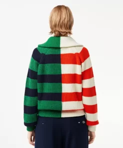 Lacoste Knitwear-Wool Zip Neck Contrast Stripe Colourblock Sweater