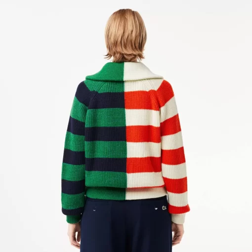 Lacoste Knitwear-Wool Zip Neck Contrast Stripe Colourblock Sweater