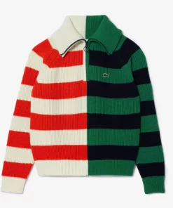 Lacoste Knitwear-Wool Zip Neck Contrast Stripe Colourblock Sweater