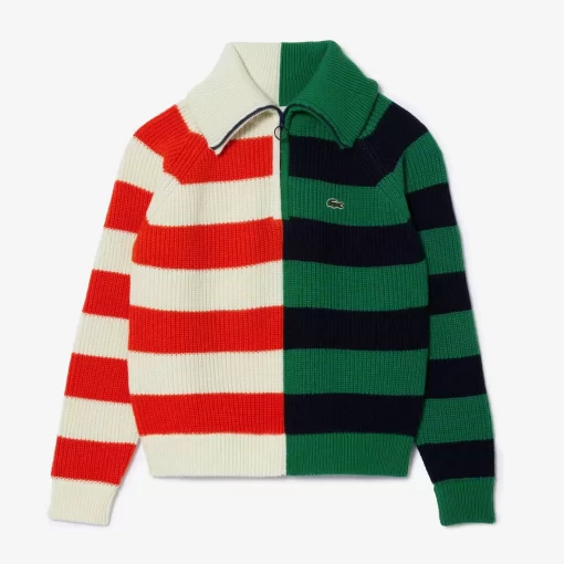 Lacoste Knitwear-Wool Zip Neck Contrast Stripe Colourblock Sweater