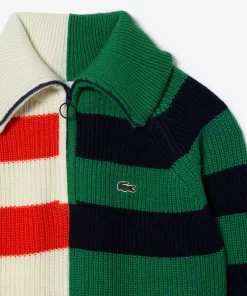 Lacoste Knitwear-Wool Zip Neck Contrast Stripe Colourblock Sweater