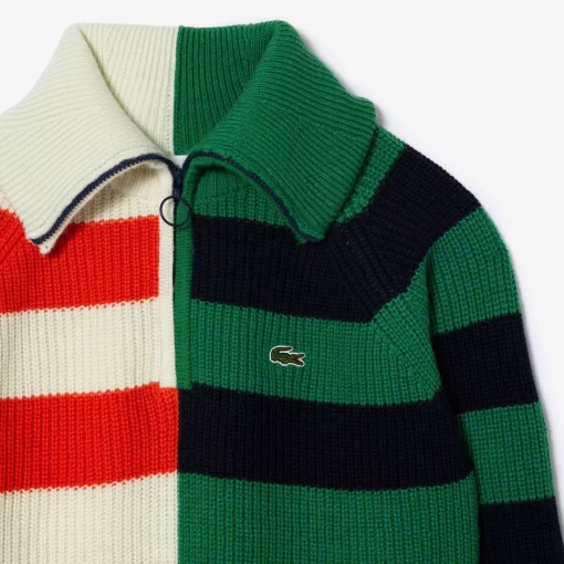 Lacoste Knitwear-Wool Zip Neck Contrast Stripe Colourblock Sweater