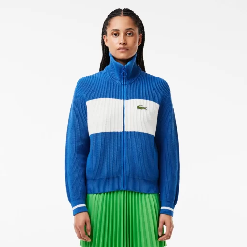 Lacoste Knitwear-Zipped Cotton Colourblock Cardigan